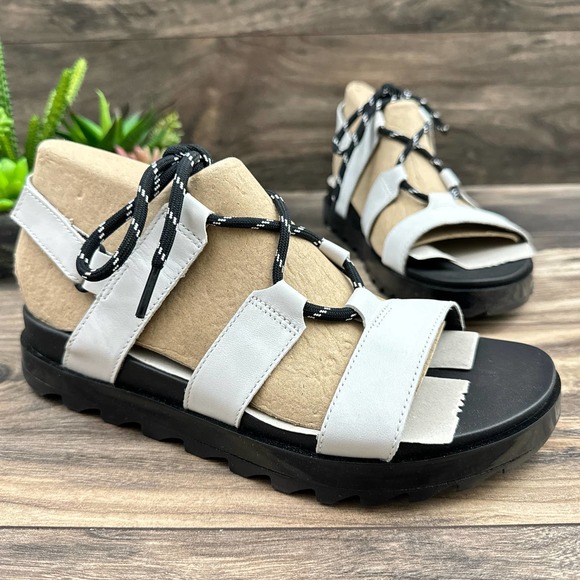 NIB Sorel Roaming Lace 8.5 Slingback Gladiator Flat Leather Sandals White Black - Picture 6 of 12